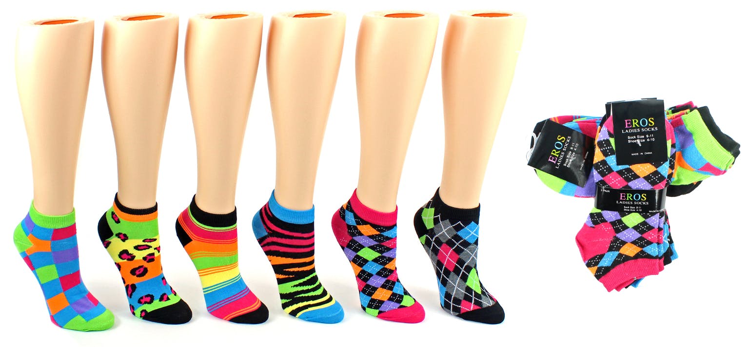 6 Pack Women's Low Cut No Show Ankle Socks White Black Neon Wholesale lot 9-11 